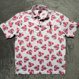 USAG U Suck At‎ Golf Polo Shirt Mens XL Hibiscus Floral All Over Print AOP Pink